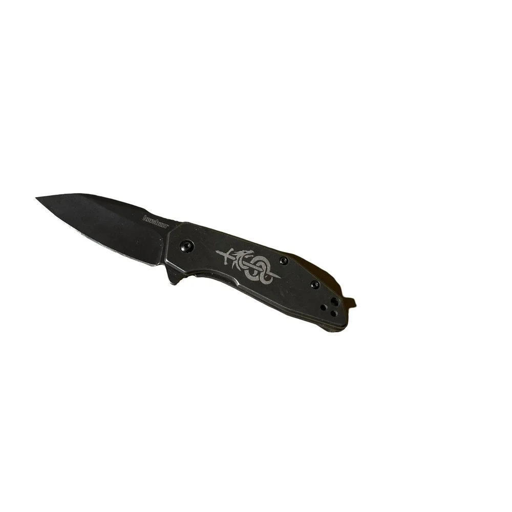 Kershaw 2065 Black Folding Knife 8Cr13MoV w/ Tribal Dragon Engraving EDC